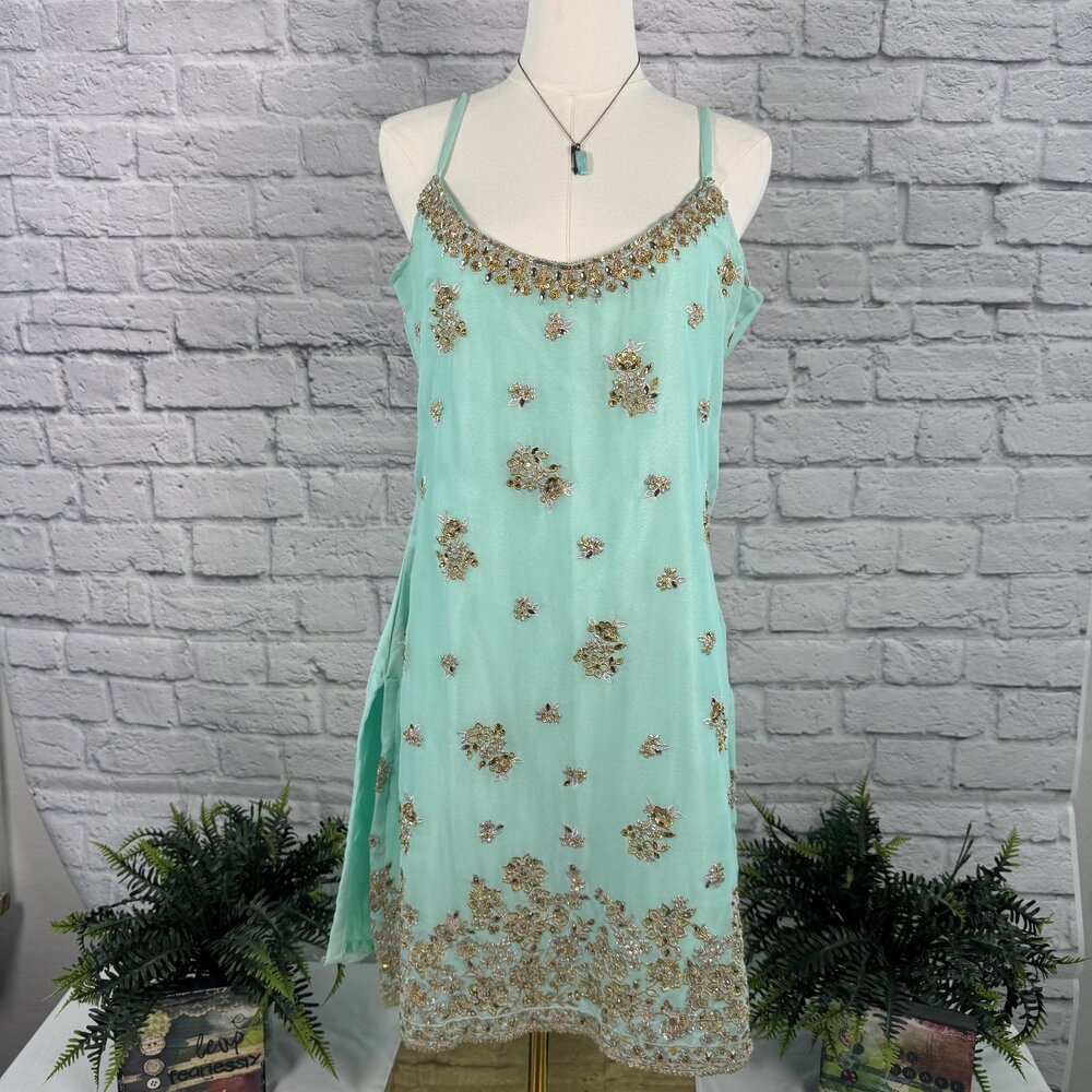 Lashkaraa Mint Aqua Gold Embellished Kurta Dupatta Palazzo Pants 3 Piece Set M